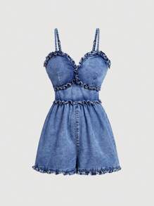 SHEIN MOD Women's Solid Color Ruffle Trim Denim Jumpsuit, Summer Casual Sleeveless Overalls - Light Wash - View 1