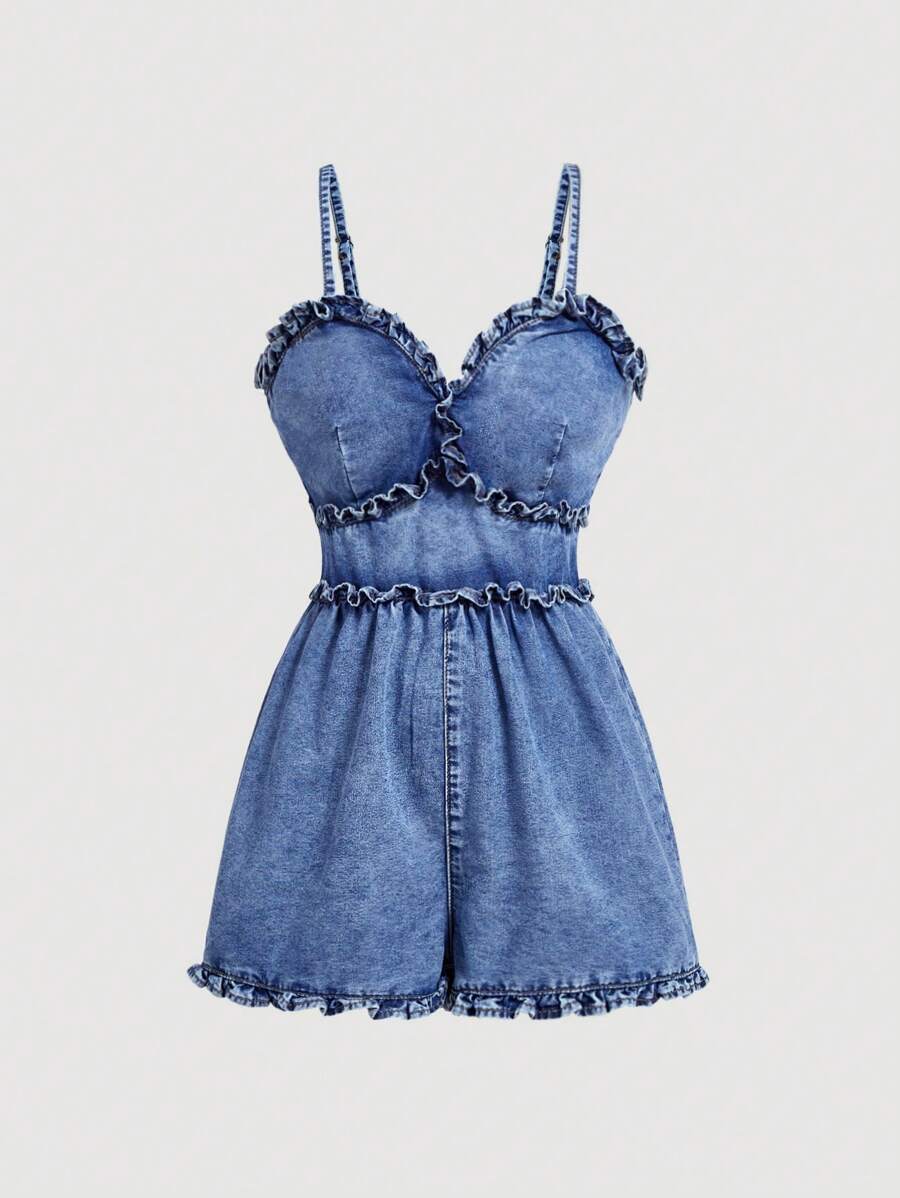 SHEIN MOD Women's Solid Color Ruffle Trim Denim Jumpsuit, Summer Casual Sleeveless Overalls - Light Wash - View 1