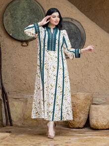 Women's Notched Neck Leaf Print Casual Arabic Style Dress - Multicolor - View 6