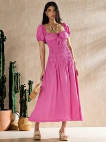 Forever 21 Women's Solid Color Puff Sleeve Sweetheart Neck Summer Holiday Dress - Mauve Purple - View 3