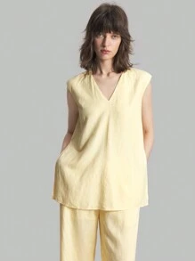 Ontre 2pcs Women's Solid Simple Cotton Casual Sleeveless Top And Pants Set, Cream Yellow, For Autumn, Back To School, Daily Wear