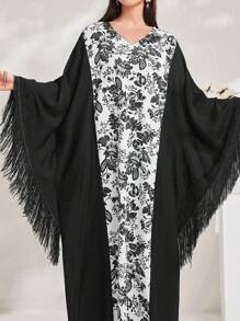 Al Najma Kaftan con cuello en V, mangas de murciélago, estampado y flecos, Abaya tradicional árabe - Negro - Ver 6