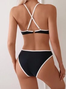 SHEIN Swim Women's Summer Beach Color Block Front Tie Sexy Bikini Set (With Underwire) - Black - View 2