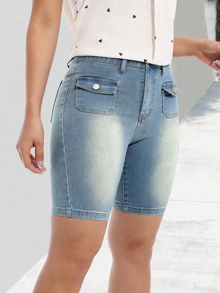 Women's Plain Simple Denim Vintage Style Mid Length Shorts For Daily Wear