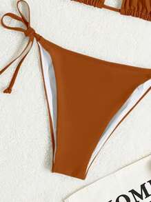 SHEIN Swim 女士純色綁頸背心Bra和比基尼底部啡色泳裝，夏季沙灘性感比基尼套裝 - 鏽棕色 - 查看 5