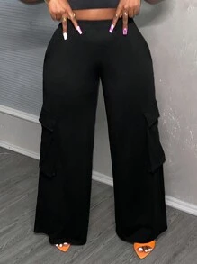 Slaydiva 休閒工作風格帶口袋寬腿花卉灰色女褲-C - 黑色 - 查看 3