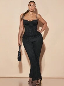 SHEIN BAE Sexy schwarze Spitzen-Plissee-Taille weite Hose in Große Größen für tägliche Sommerausflüge - Schwarz - Übersicht 1