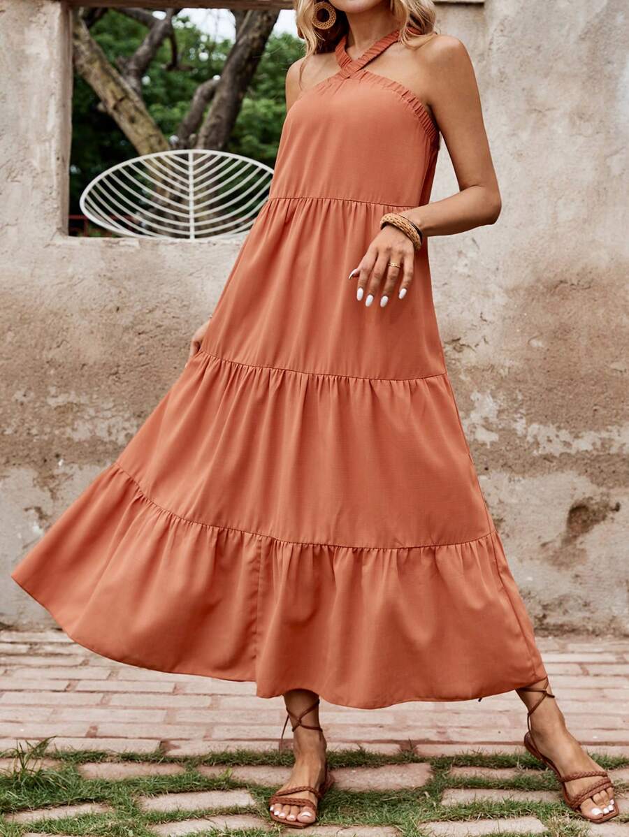 SHEIN LUNE Women's Fashionable Long Layered Halter Dress - Brown - View 1