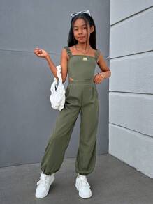 SHEIN Macacão de Cor Sólida Legal e Moderno de Estilo Street para Meninas Adolescentes, com Alças Cruzadas na Parte de Trás e Decote Aberto, Primavera/Verão - Verde - Visão 2