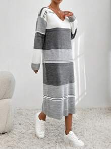EURMUSE Colorblock Drop Shoulder Sweater Dress - Light Grey - View 4