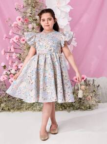 SHEIN Tween Girls Extended Size Elegant &  Woven Jacquard Short Sleeve Dress For Spring And Summer - Multicolor - View 2