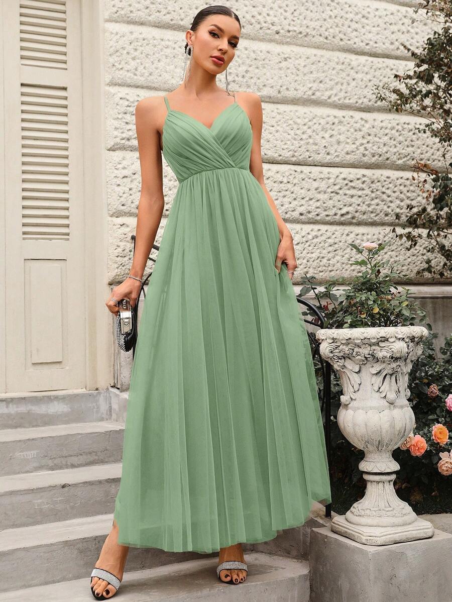 SHEIN Belle 优雅浪漫的鼠尾草绿色 V 领薄纱伴娘礼服女士正式舞会礼服，适合圣诞节