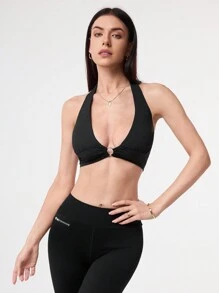 Easithlete Top de treino feminino estilo simples e de cor sólida com alça para o pescoço