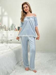 Lichtblauwe, eenvoudige, losse pasvorm, top met korte mouwen en lange broek, 2-delige homewear-set voor tienermeisjes