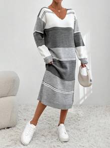 EURMUSE Colorblock Drop Shoulder Sweater Dress - Light Grey - View 1