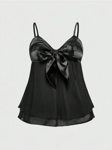 ROMWE Kawaii Top tipo camisín con volantes en el dobladillo y tirantes de espagueti de unicolor para talla grande, estilo "Himekaji" para la escuela - Negro - Ver 5