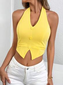SHEIN Privé Women's Elegant Daily Commute Street Deep V Neck Backless Halter Slim-Fit Blazer ,Yellow Tops Yellow Teacher's Outfits,Business Outfits  For Romantic Date,Teacher Wear ,Commuting, Holiday, Dating,Party And Work