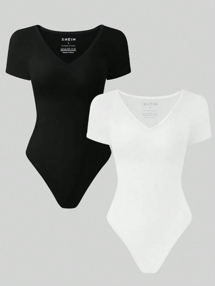 INAWLY Women's V-Neck Solid Color Tight Bodysuit - Multicolor - View 1