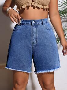 SHEIN LUNE 加大尺寸女士拼接破邊休閒牛仔短褲，帶口袋