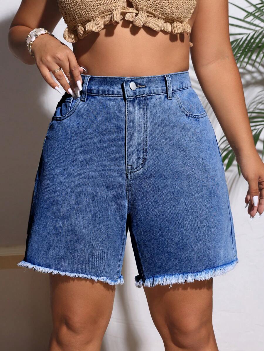 SHEIN LUNE 加大尺寸女士拼接破邊休閒牛仔短褲，帶口袋