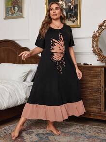 Plus Size Women's Chiffon Ruffle Trim Patchwork Pajama Night Dress, Long Dress, Moo Moo - Black - View 4