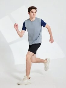 Ensemble de sport pour adolescente, avec haut à manches courtes à blocs de couleur et short de couleur unie, pour l'été - Gris - Voir 4