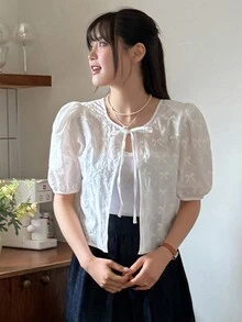 DAZY 純色短袖綁帶泡泡袖女襯衫 - 白色 - 查看 5