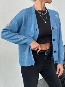 EURMUSE Star Print Open Front V-neck Cardigan With Drop Shoulders - Blue - View 5