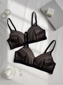 Plus Size Lace Patchwork Wireless Bra In Solid Color ,2 Pcs - Black - View 4
