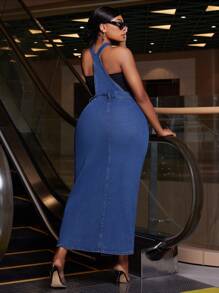 SHEIN SXY Plus Size Denim Stretch Split Sexy Suspenders Dress - Blue - View 2