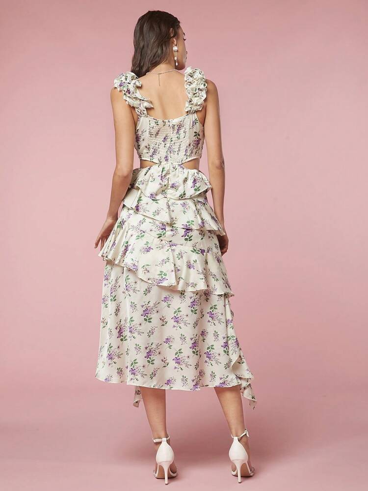 Vestido sin mangas con volantes asimétricos con corte hueco y estampado floral romántico de verano