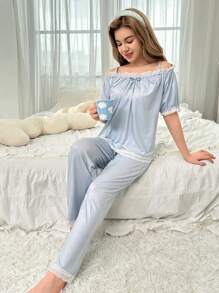 Lichtblauwe, eenvoudige, losse pasvorm, top met korte mouwen en lange broek, 2-delige homewear-set voor tienermeisjes
