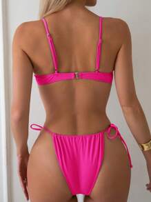 Conjunto de bikini con tanga fruncido de unicolor para mujer, conjunto de bikini sexy de dos piezas para playa de verano