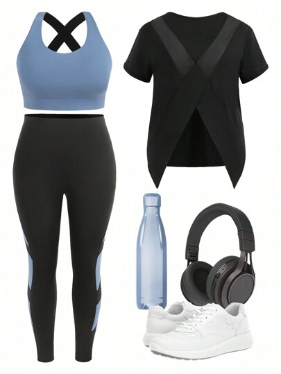 Easithlete Plus Size 3Pcs Criss Cross Back Sports Set Gym Clothes Workout Clothes Workout Women Set