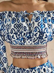 Forever 21 Women's Fashionable Vintage Printed Off-Shoulder Cropped Top For Vacation - Multicolor - View 4