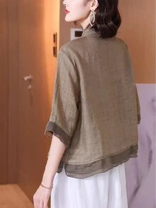 Blusa con bordado de paisaje vintage estilo chino para mujer - Multicolor - Ver 2