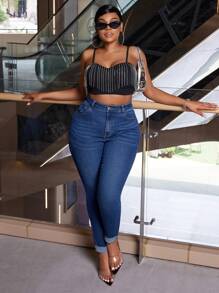 SHEIN SXY Plus Size Stretchy Denim Skinny Pants, Versatile Style