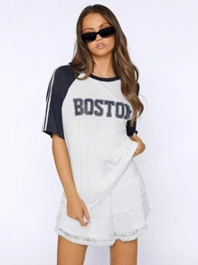 SHEIN EZwear 女士字母印花夏季運動休閒寬鬆T恤，拼色袖子設計，適用於比賽