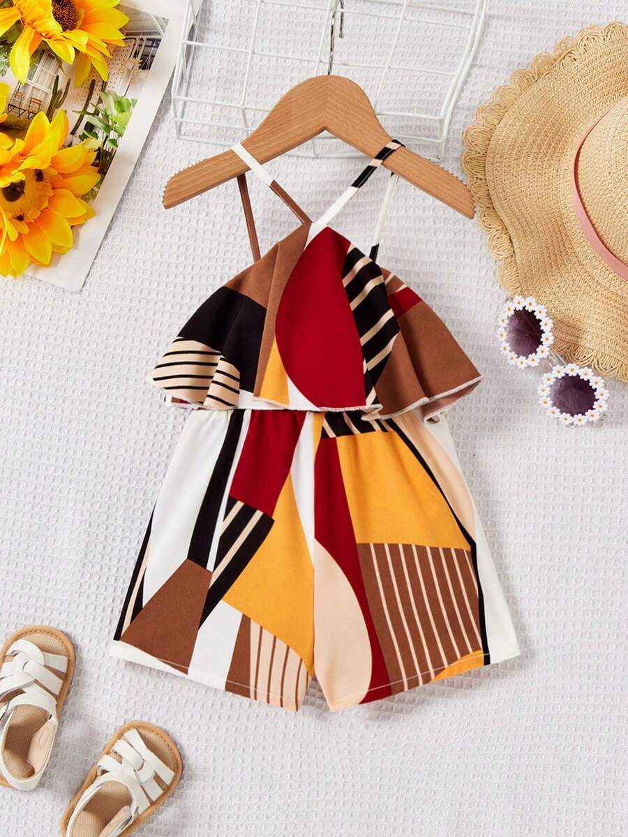SHEIN Babygirl Summer Vacation Casual Floral Print Ruffle Trim Halter Neck Romper, Lightweight Girls Summer Outfit Sets 2pcs Set Toddler Girls Summer Two Piece Set Toddler Two Piece Sets Toddler Open Back Romper - Multicolor - View 1