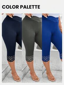 EMERY ROSE Plus Contrast Lace Capri Leggings - Navy Blue - View 3
