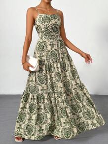 Firerie Summer Women Elegant Vacation Printed Bohemian Boho Backless Maxi Cami Dress - Army Green - View 1