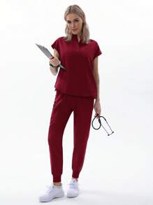 TaskEZ Burgundy Red Women's Summer Nurse Uniform Scrub Set Jogging Suit, Stretchy Top And Pants With Multiple Pockets, Beauty Salon Workwear Matte Two-Piece Suit - Burgundy - View 5