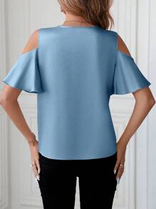 SHEIN Clasi Ladies' Solid Color Simple Daily Open Shoulder Shirt - Dusty Blue - View 2