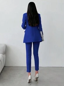 EURMUSE Quý cô Màu thuần Bộ đồ Bộ - Xanh đậm - Xem 2