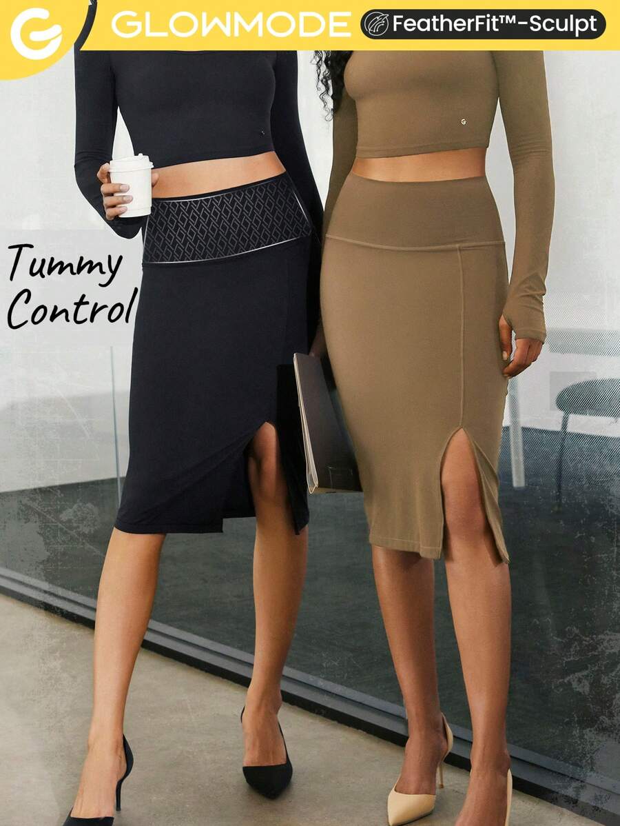 GLOWMODE FeatherFit™-Sculpt Tummy Control Slit Midi Pencil Skirt