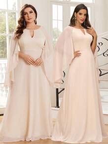 SHEIN Belle Women's Elegant In Beige Chiffon Fabric With Hollow Out Front V-Neckline Flared Sleeves And A-Line Dress Houlder For Wedding Occasion Back To School Music Festival Bridesmaid Dress Long Sleeve Dress - Beige - View 10