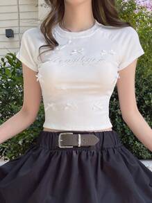 DAZY Ladies' Summer Slim Fit Round Neck Short Sleeve T-Shirt With Bow Decoration - White - View 4