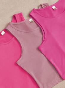Conjunto casual de 3 piezas para mujer con chaleco unicolor sin mangas de cuello redondo y pantalones cortos para estar en casa