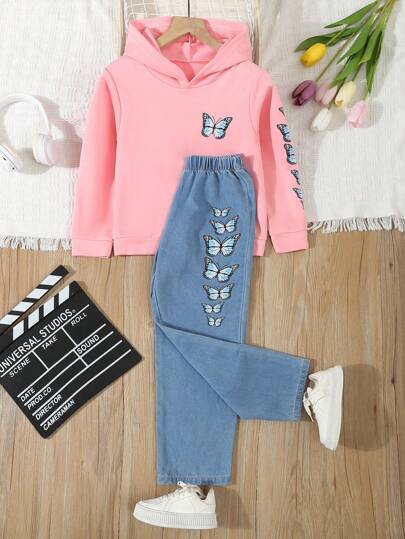 SHEIN Tween Girl Comfortable Casual Butterfly Printed 2-Piece Set