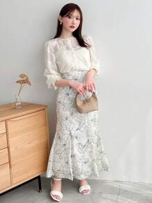FRIFUL Áo sơ mi dài tay jacquard trơn màu thanh lịch, Xuân/Hè, nhún bèo - Màu be - Xem 2